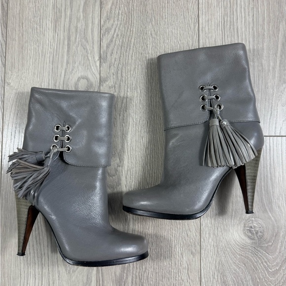 Coach Gray Leather Ankle Tassel Heeled Boots - Picture 1 of 14